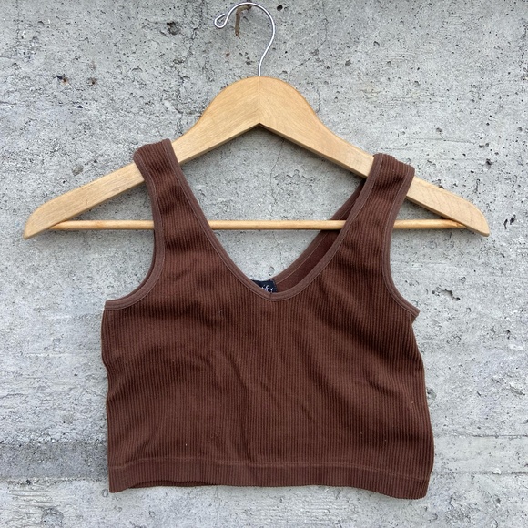 Justify Tops - Justify Brown Ribbed V Neck Crop Top